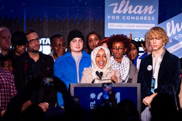 U.S. Rep. Ilhan Omar, D-Minn., speaks during a DFL Election Day Watch Party at InterContinental Saint Paul Riverfront in St. Paul on Tuesday.