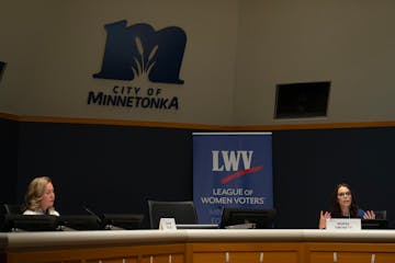 Marisa Simonetti, right, made her closing statement at a candidate forum with her opponent, Heather Edelson, left. The League of Women Voters of Minne