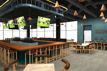 A rendering of Boardwalk Kitchen & Bar, a new restaurant and entertainment venue coming to Canterbury Park in Shakopee.